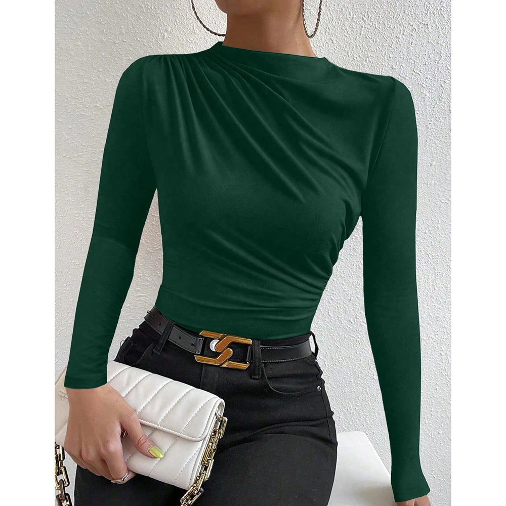 Mia Muse Women's T-Shirts Autumn Simple Plain Ruffle Long Sleeve Crew Neck Regular Casual T-Shirts