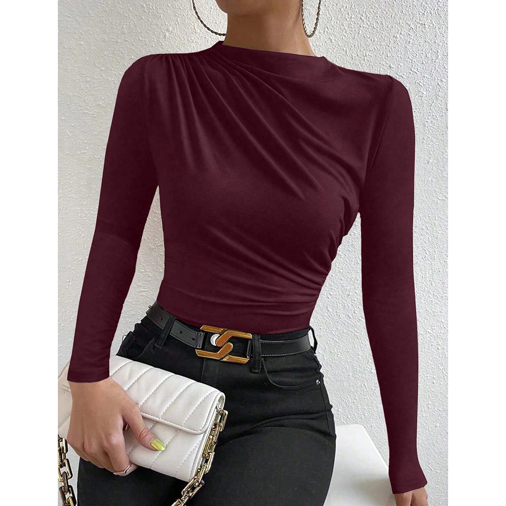 Mia Muse Women's T-Shirts Autumn Simple Plain Ruffle Long Sleeve Crew Neck Regular Casual T-Shirts