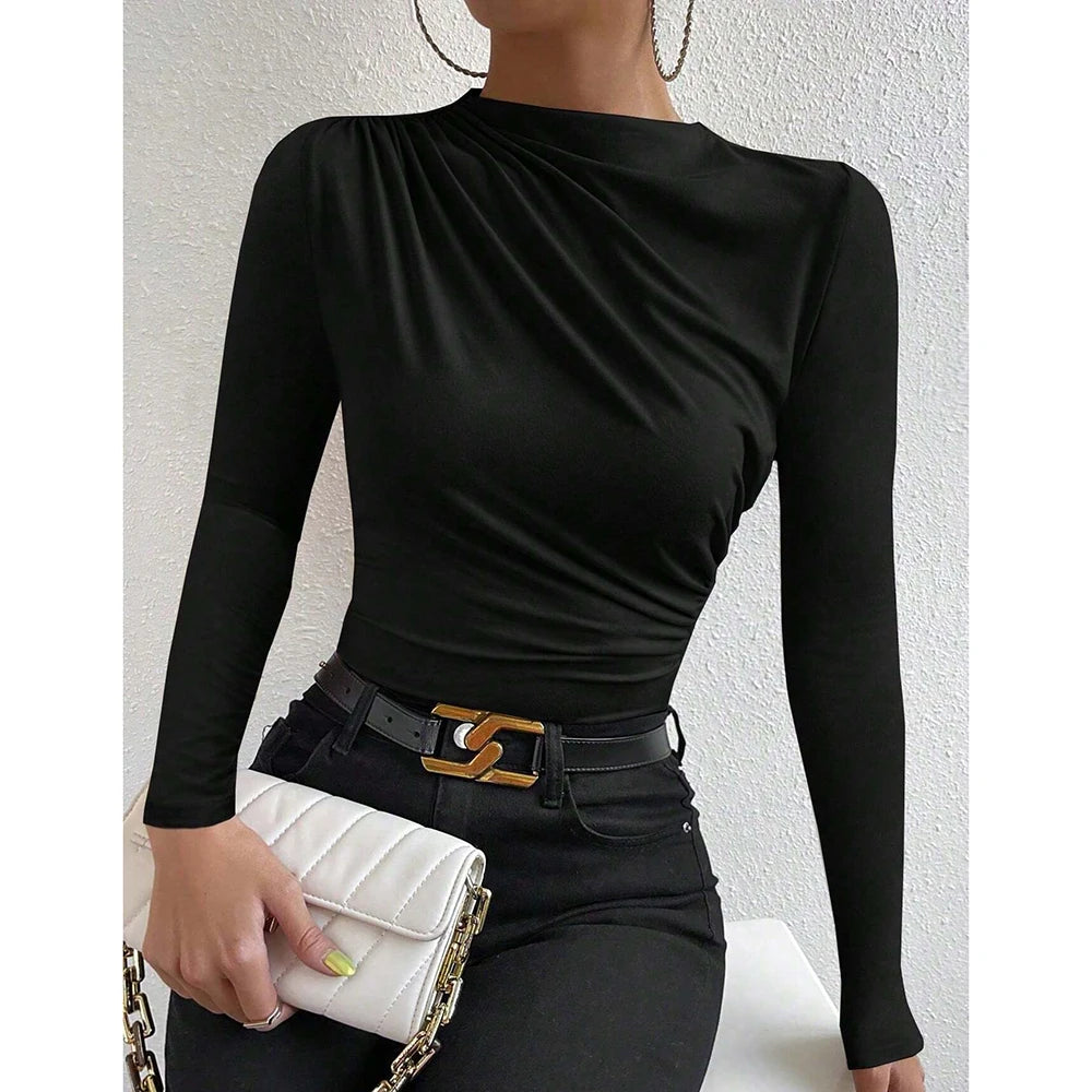Mia Muse Women's T-Shirts Autumn Simple Plain Ruffle Long Sleeve Crew Neck Regular Casual T-Shirts