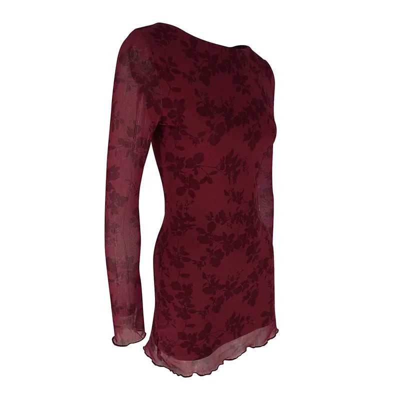 New Dresses Women Autumn O-Neck Sexy Wine Red Streetwear Fashion Print Long Sleeves Dresses Lady Knitted Pullover Clothing Dress