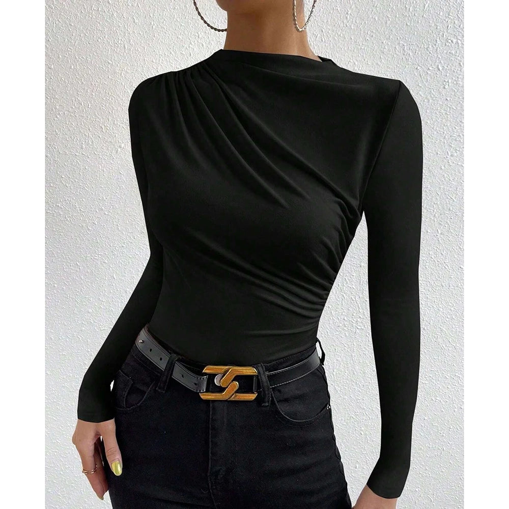 Mia Muse Women's T-Shirts Autumn Simple Plain Ruffle Long Sleeve Crew Neck Regular Casual T-Shirts