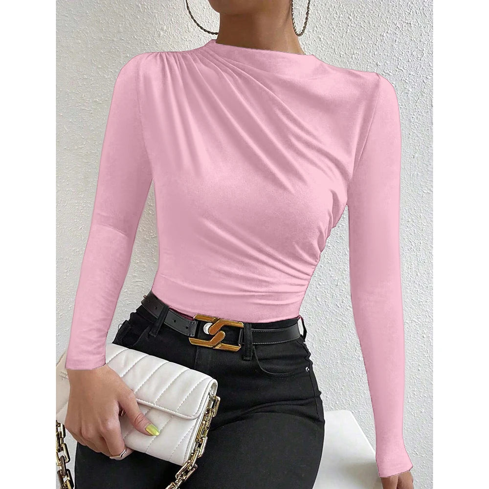 Mia Muse Women's T-Shirts Autumn Simple Plain Ruffle Long Sleeve Crew Neck Regular Casual T-Shirts
