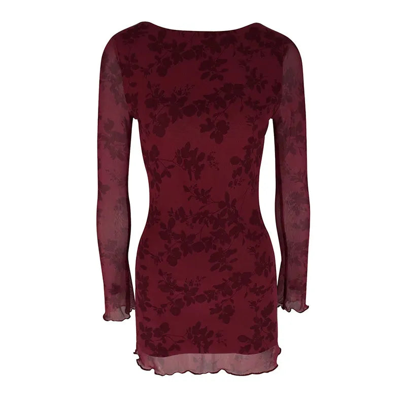 New Dresses Women Autumn O-Neck Sexy Wine Red Streetwear Fashion Print Long Sleeves Dresses Lady Knitted Pullover Clothing Dress