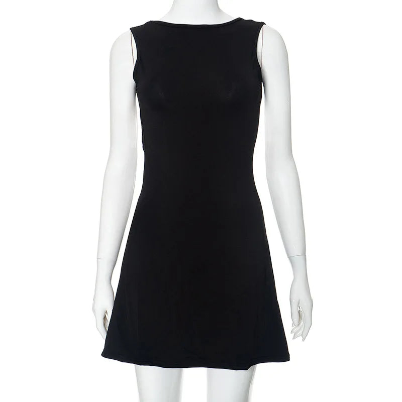 Elegant Sleeveless Backless Slim Fit Mini Dress Women Chic Round Collar A-line Short Dress 2025 Ruffle Edge Casual Dresses