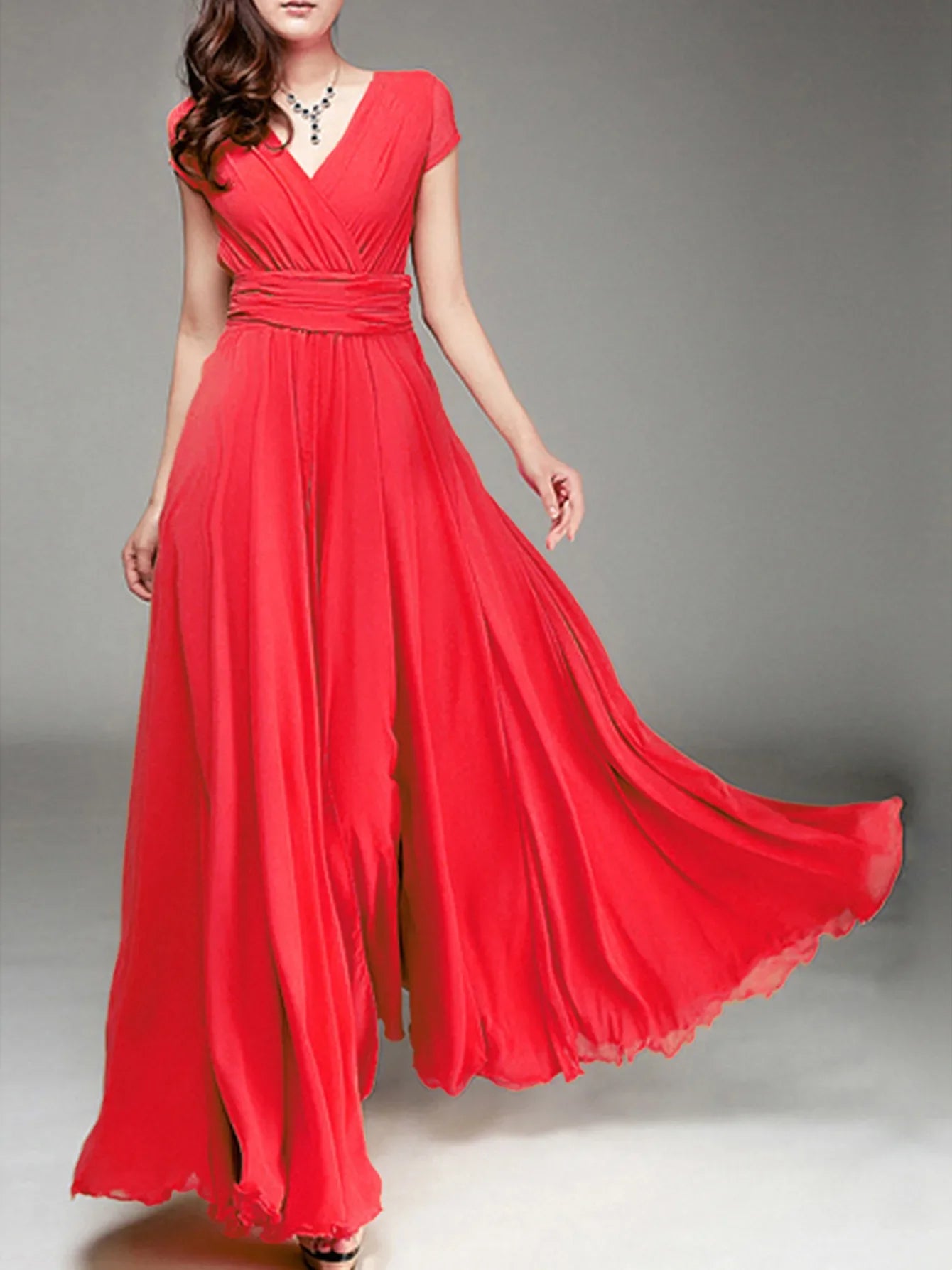Women's Fashion V Neck Short Sleeve Evening Party Dress Temperament Solid Colour Long Cocktail Chiffon High Waist Summer Dresses