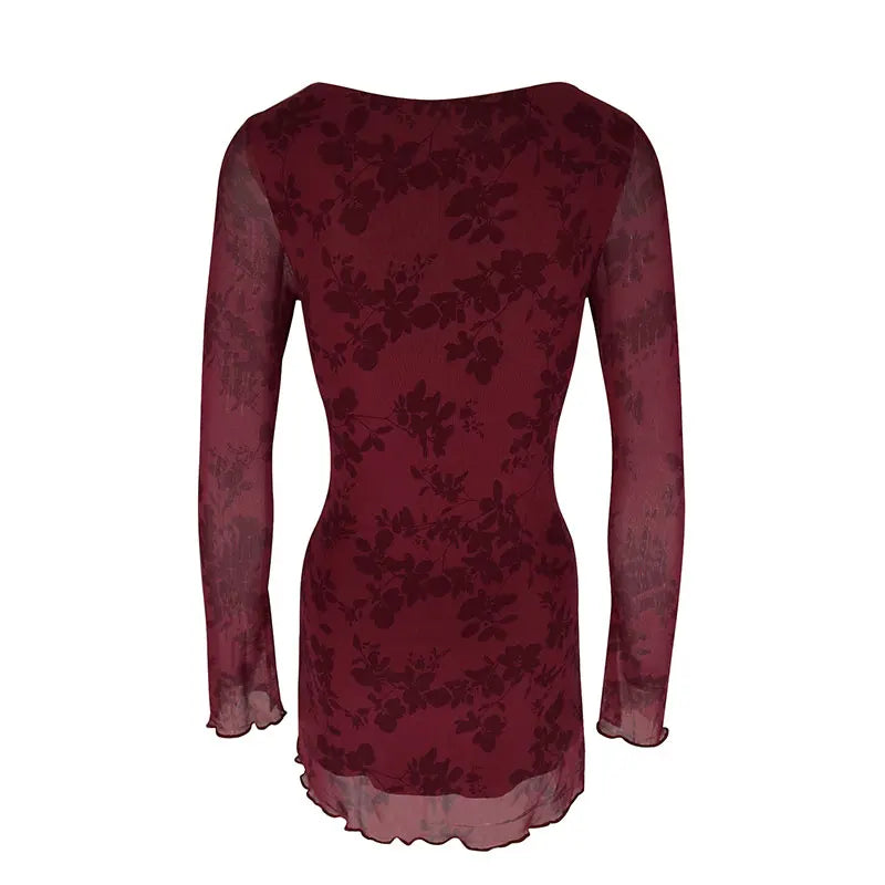 New Dresses Women Autumn O-Neck Sexy Wine Red Streetwear Fashion Print Long Sleeves Dresses Lady Knitted Pullover Clothing Dress