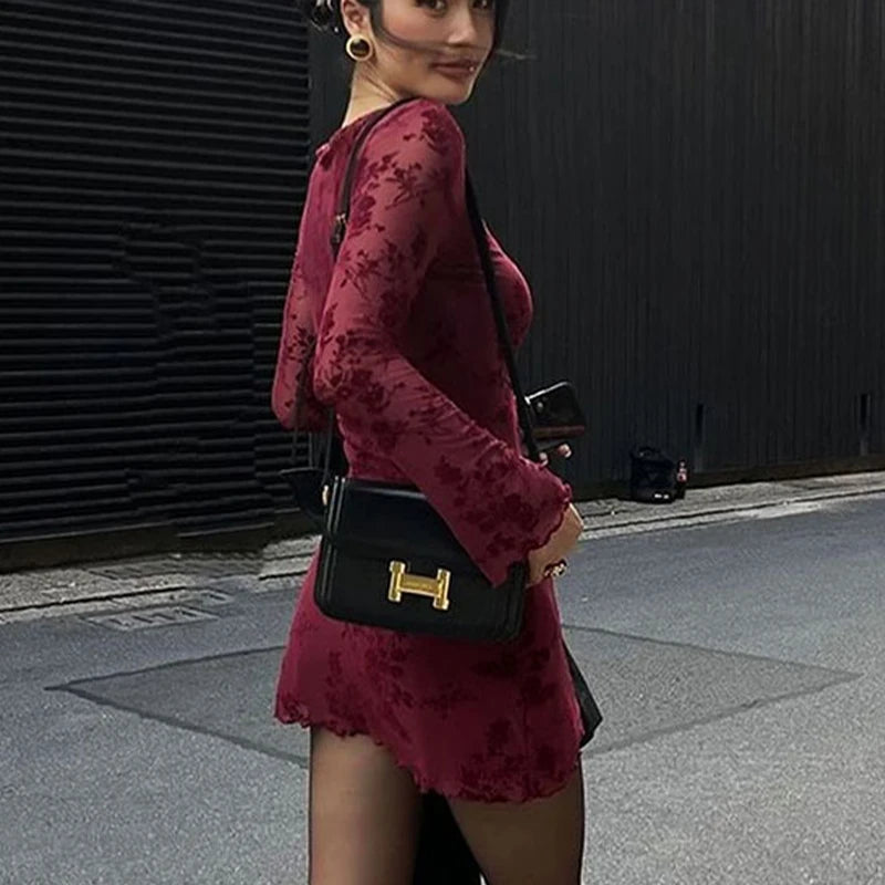 New Dresses Women Autumn O-Neck Sexy Wine Red Streetwear Fashion Print Long Sleeves Dresses Lady Knitted Pullover Clothing Dress